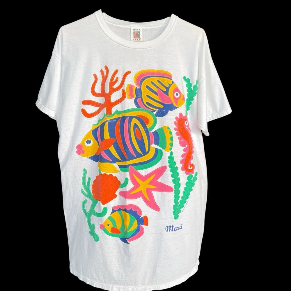 Vintage Womens Maui Fish Shirt One Size White Neon Colorful Sealife USA Y2K